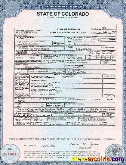 USA Colorado state death certificate